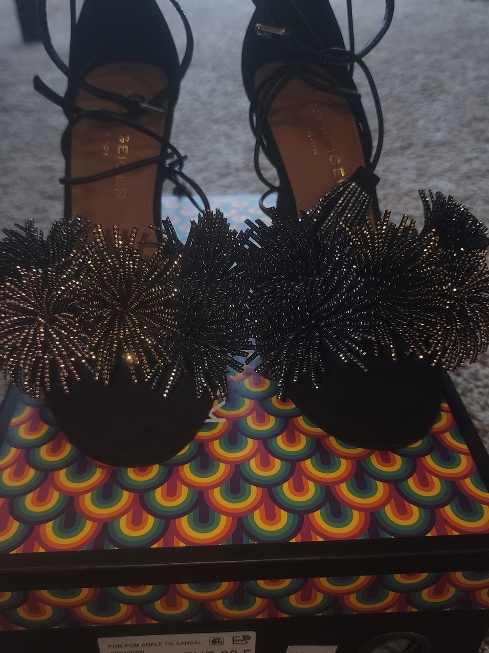 Kurt Geiger Black Pom-Pom Embellished Lace-Up Heels - Picture 5 of 11